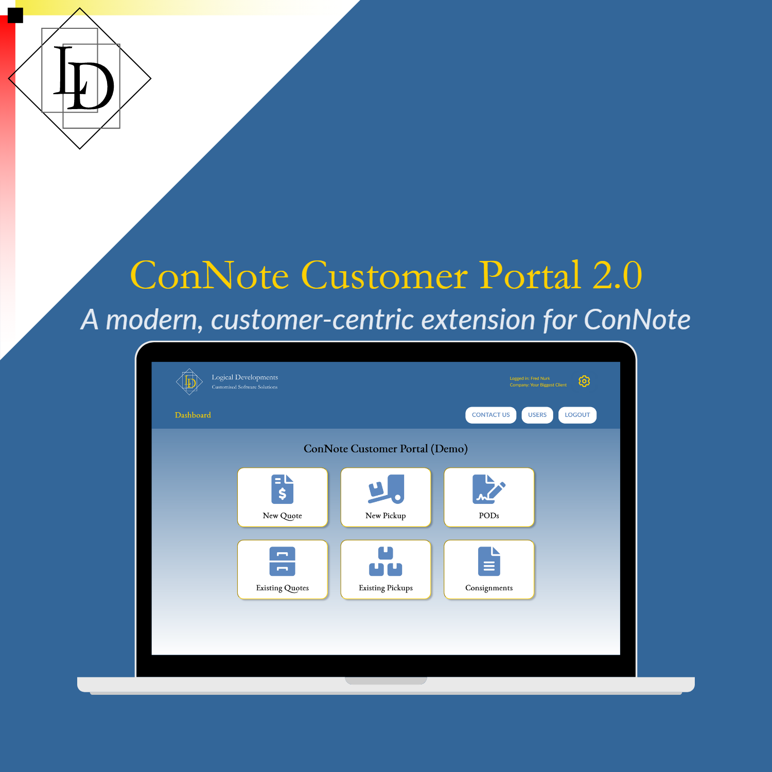 The image background is standard LD blue. The LD logo is in a white triangle aligned to the top left corner.
The image displays an open laptop, with its screen displaying the customer portal dashboard.